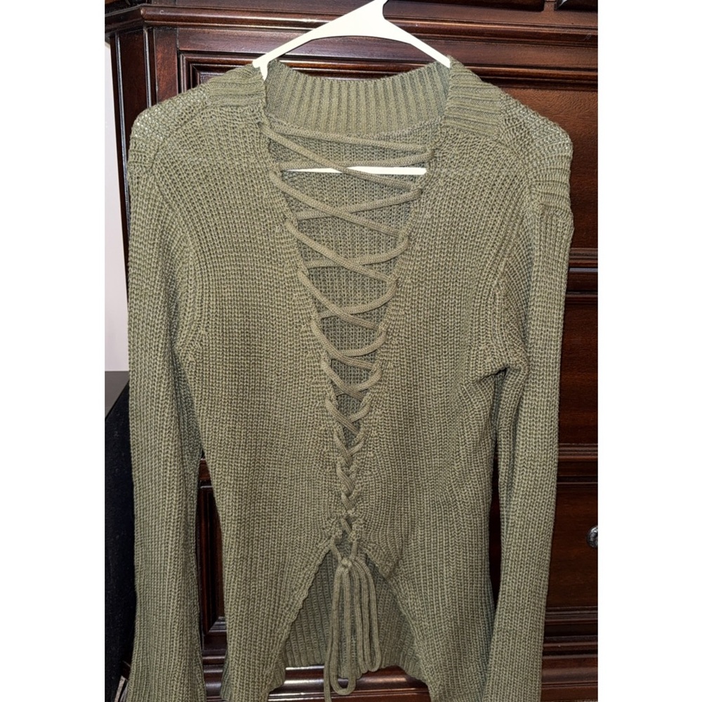 Green V-Neck Sweater with Lace-Up Detail